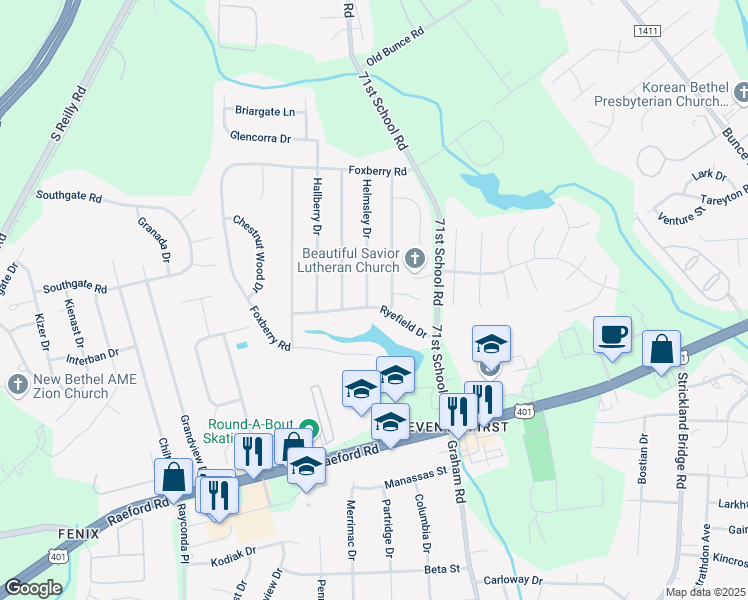 map of restaurants, bars, coffee shops, grocery stores, and more near 6534 Ryefield Drive in Fayetteville