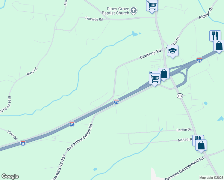 map of restaurants, bars, coffee shops, grocery stores, and more near 424 Dewberry Road in Cowpens