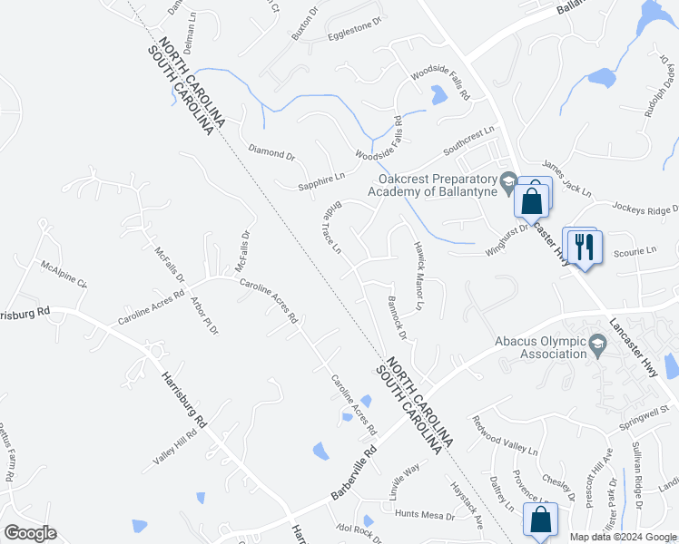 map of restaurants, bars, coffee shops, grocery stores, and more near 12136 Stone Forest Drive in Pineville