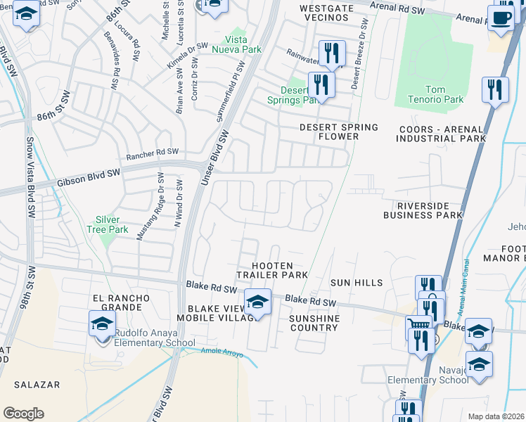 map of restaurants, bars, coffee shops, grocery stores, and more near 4406 Magdalena Lane Southwest in Albuquerque