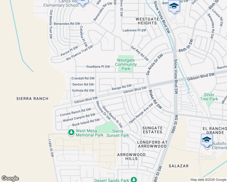 map of restaurants, bars, coffee shops, grocery stores, and more near 10319 Sandy Ridge Road Southwest in Albuquerque