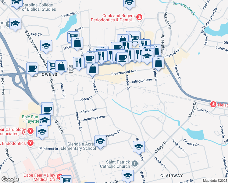 map of restaurants, bars, coffee shops, grocery stores, and more near 2927 Gordon Way in Fayetteville