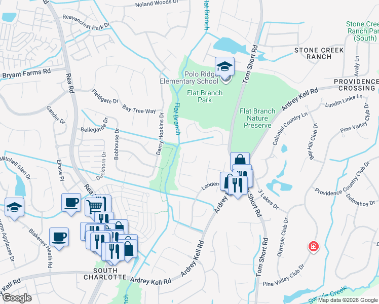 map of restaurants, bars, coffee shops, grocery stores, and more near 12238 Taos Court in Charlotte
