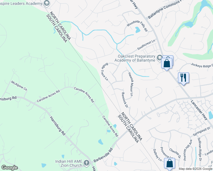 map of restaurants, bars, coffee shops, grocery stores, and more near 12141 Stone Forest Drive in Pineville