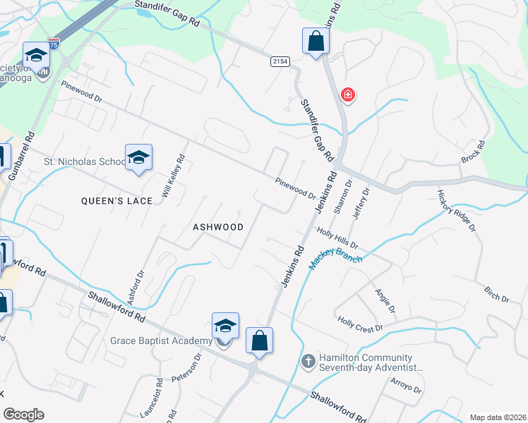 map of restaurants, bars, coffee shops, grocery stores, and more near 2416 Laurelton Creek Lane in Chattanooga