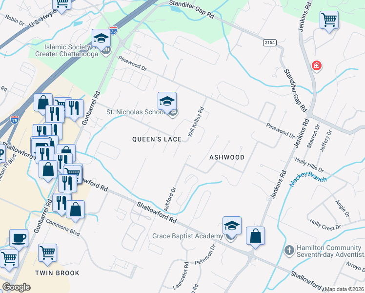map of restaurants, bars, coffee shops, grocery stores, and more near 2414 Cone Flower Trail in Chattanooga