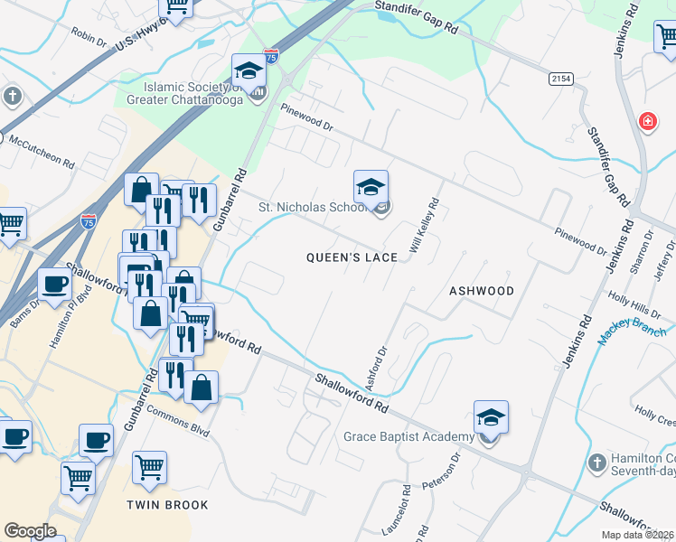 map of restaurants, bars, coffee shops, grocery stores, and more near 2363 Rivendell Lane in Chattanooga