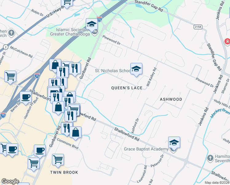 map of restaurants, bars, coffee shops, grocery stores, and more near 2363 Rivendell Lane in Chattanooga
