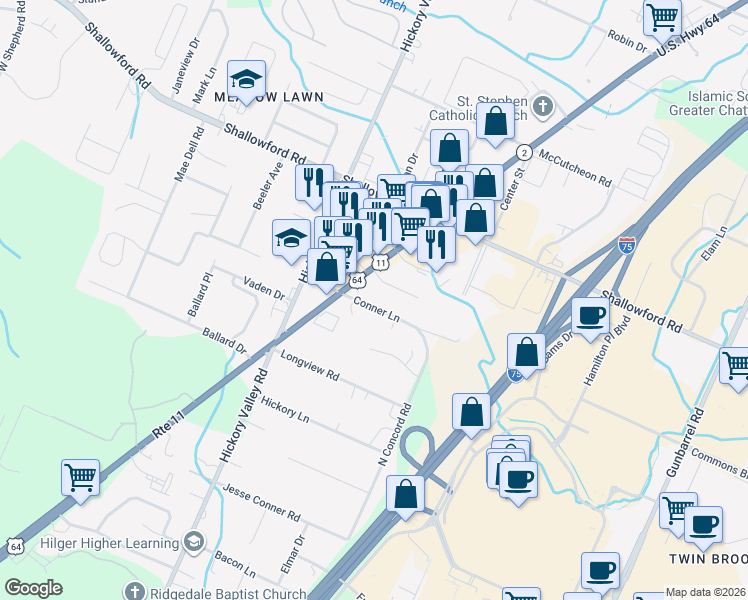 map of restaurants, bars, coffee shops, grocery stores, and more near 6814 Conner Lane in Chattanooga