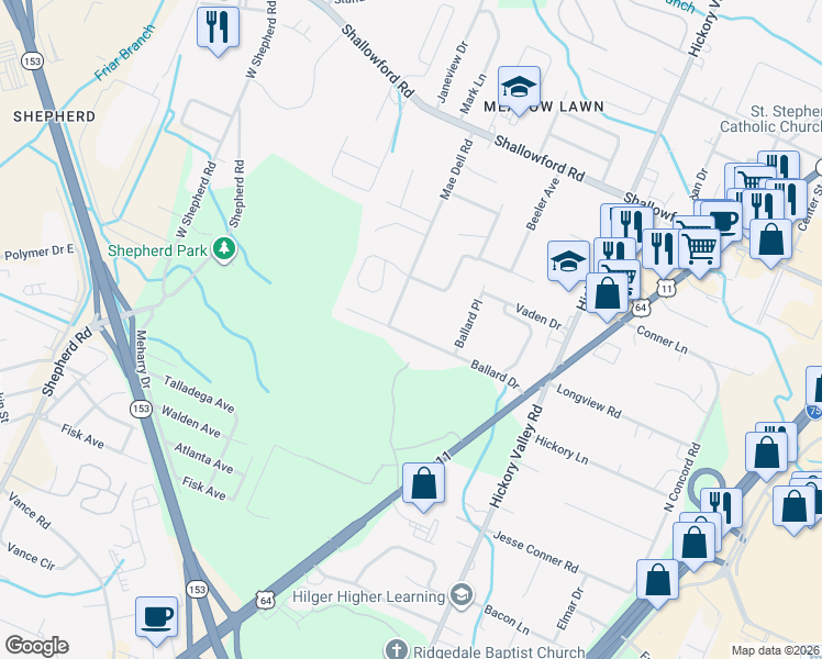 map of restaurants, bars, coffee shops, grocery stores, and more near 6608 Ballard Drive in Chattanooga