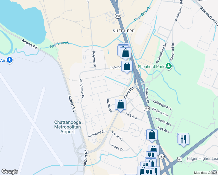 map of restaurants, bars, coffee shops, grocery stores, and more near 5818 Talladega Drive in Chattanooga