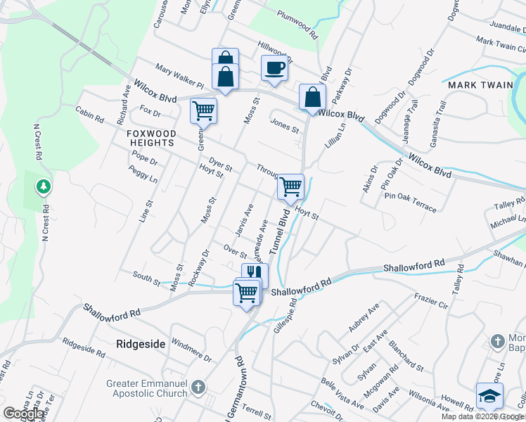 map of restaurants, bars, coffee shops, grocery stores, and more near 1015 Belmeade Avenue in Chattanooga