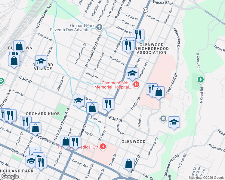 map of restaurants, bars, coffee shops, grocery stores, and more near 553 Dodson Avenue in Chattanooga