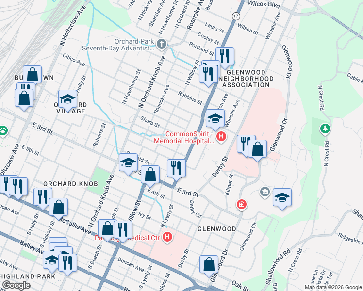 map of restaurants, bars, coffee shops, grocery stores, and more near 553 Dodson Avenue in Chattanooga