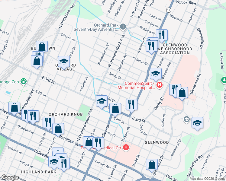 map of restaurants, bars, coffee shops, grocery stores, and more near 2020 Blackford Street in Chattanooga