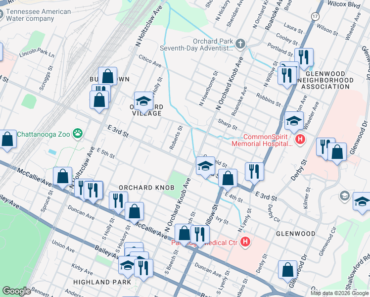 map of restaurants, bars, coffee shops, grocery stores, and more near in Chattanooga