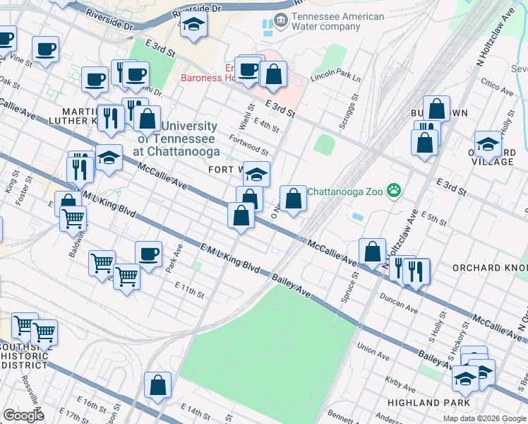 map of restaurants, bars, coffee shops, grocery stores, and more near 1008 McCallie Avenue in Chattanooga
