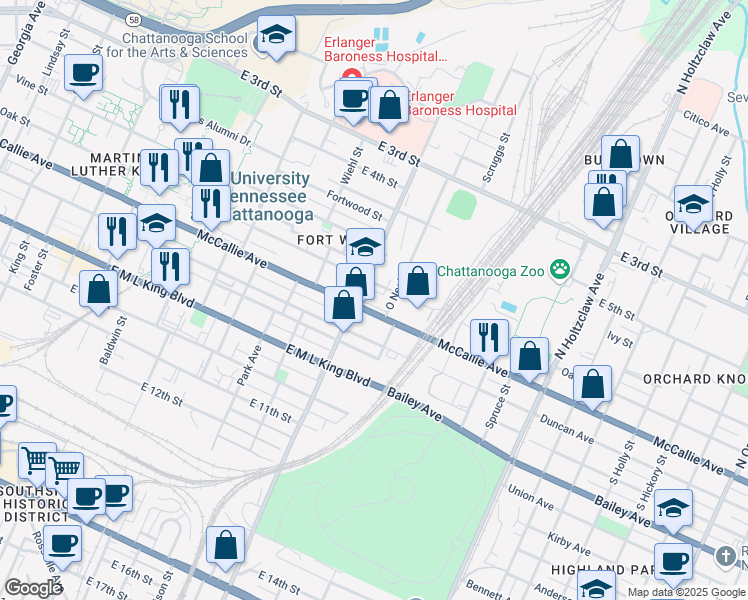 map of restaurants, bars, coffee shops, grocery stores, and more near 1008 McCallie Avenue in Chattanooga