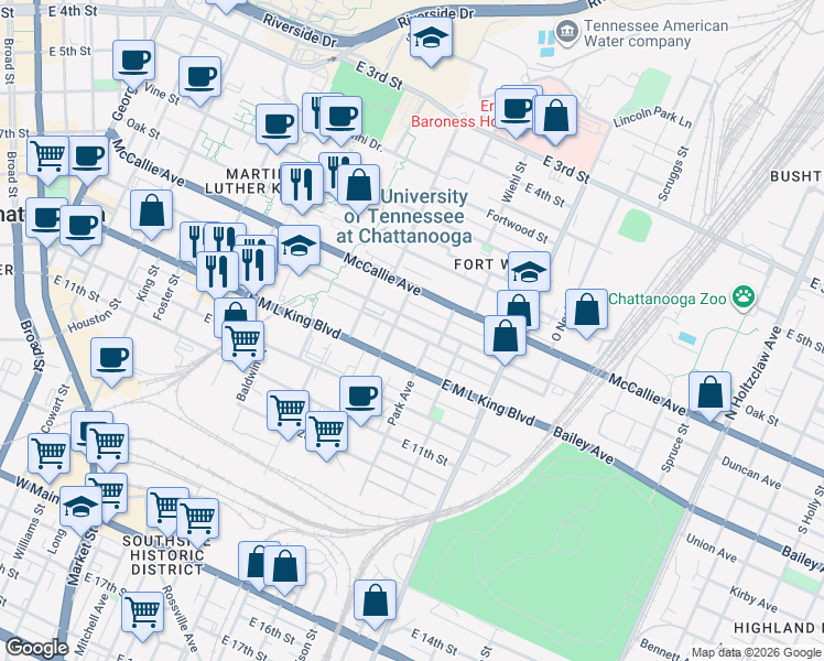 map of restaurants, bars, coffee shops, grocery stores, and more near 808 Park Avenue in Chattanooga