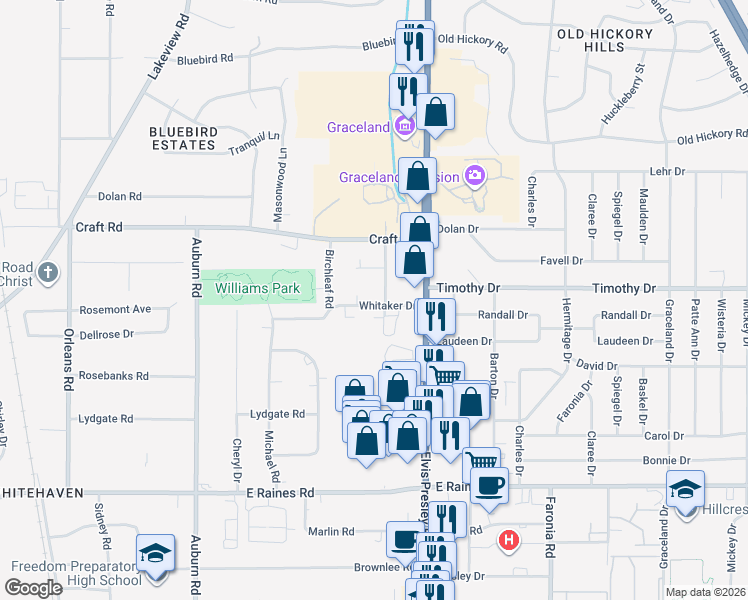 map of restaurants, bars, coffee shops, grocery stores, and more near 1127 Whitaker Drive in Memphis