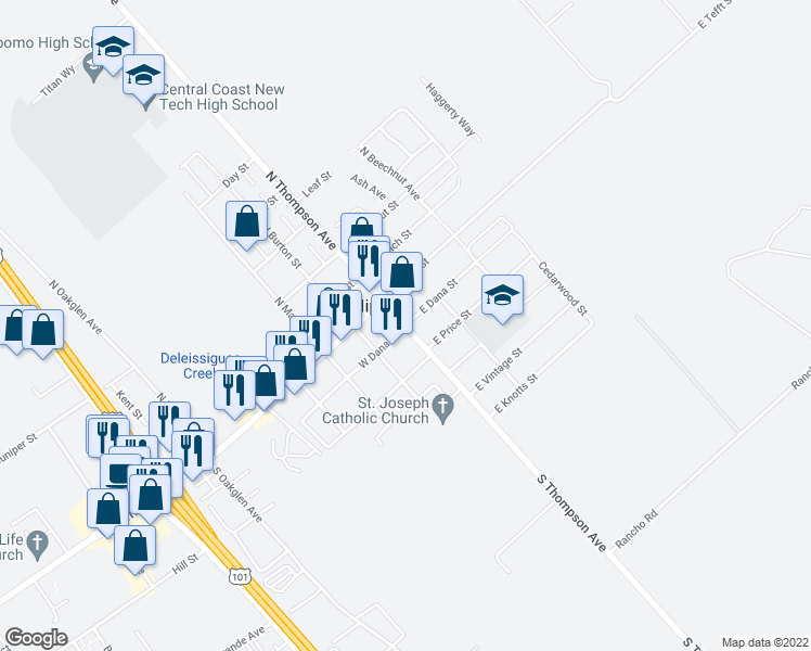 map of restaurants, bars, coffee shops, grocery stores, and more near 13 West Dana Street in Nipomo