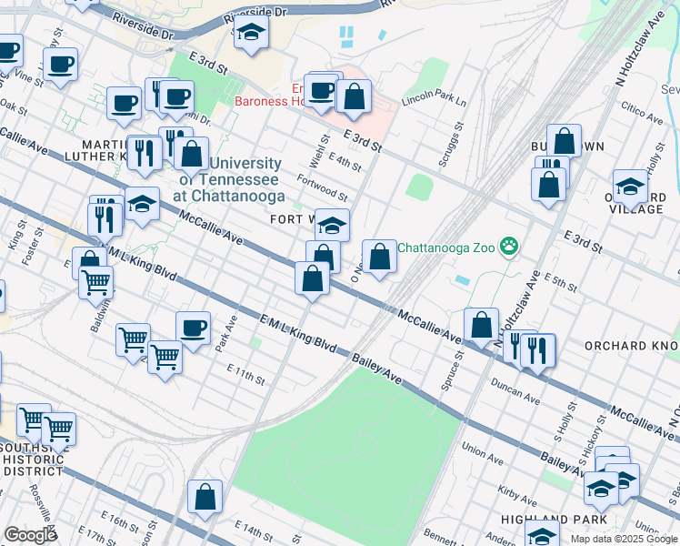 map of restaurants, bars, coffee shops, grocery stores, and more near 1008 McCallie Avenue in Chattanooga