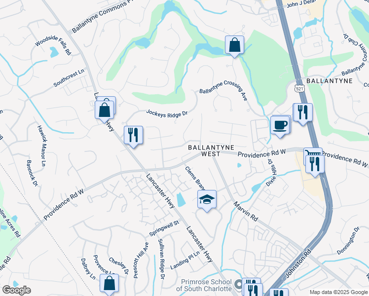 map of restaurants, bars, coffee shops, grocery stores, and more near 11735 Hawick Valley Lane in Charlotte