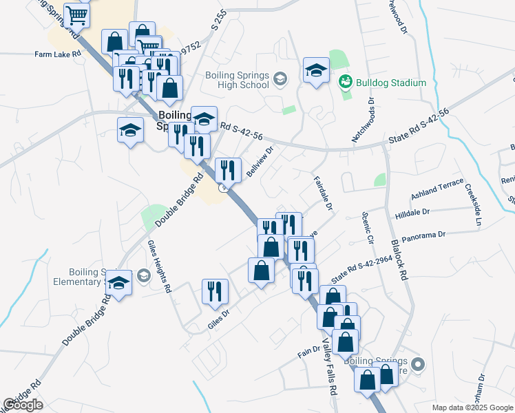 map of restaurants, bars, coffee shops, grocery stores, and more near 3390 South Carolina 9 in Boiling Springs