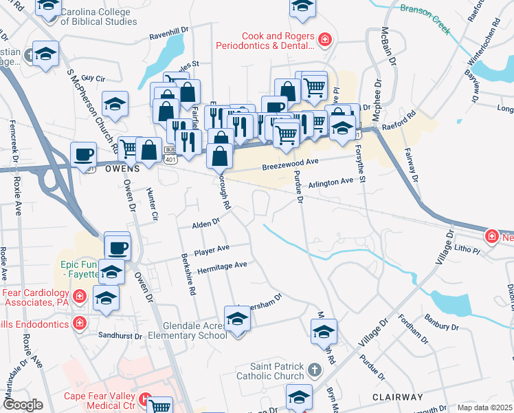 map of restaurants, bars, coffee shops, grocery stores, and more near 2717 Preston Woods Lane in Fayetteville