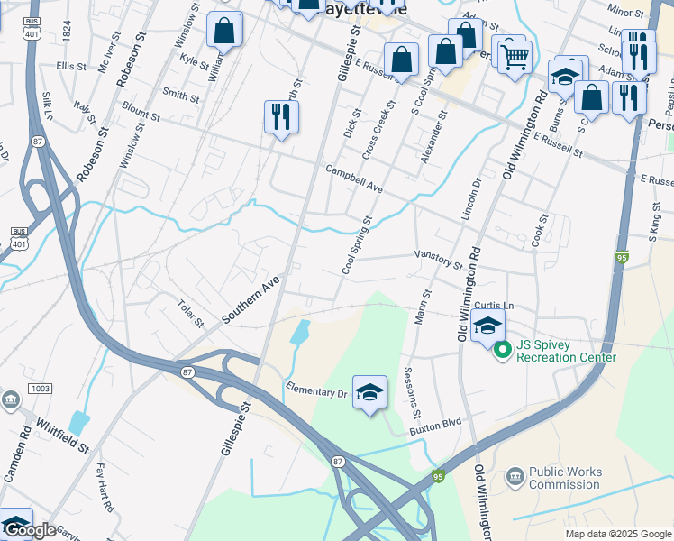 map of restaurants, bars, coffee shops, grocery stores, and more near 304 Kingdom Estate Drive in Fayetteville