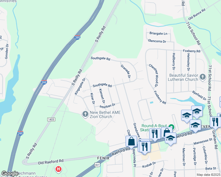 map of restaurants, bars, coffee shops, grocery stores, and more near 7416 Southgate Road in Fayetteville