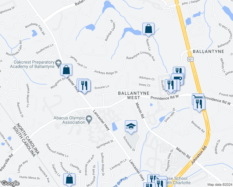 map of restaurants, bars, coffee shops, grocery stores, and more near 11735 Hawick Valley Lane in Charlotte