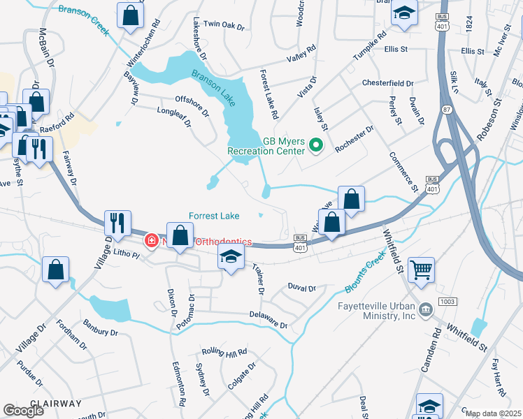 map of restaurants, bars, coffee shops, grocery stores, and more near 1312 Longleaf Drive in Fayetteville