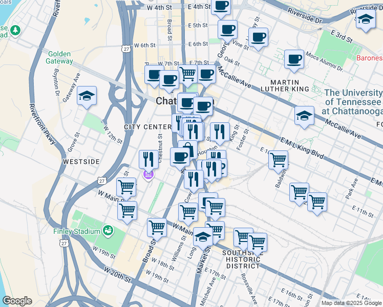 map of restaurants, bars, coffee shops, grocery stores, and more near 1200 Market St in Chattanooga
