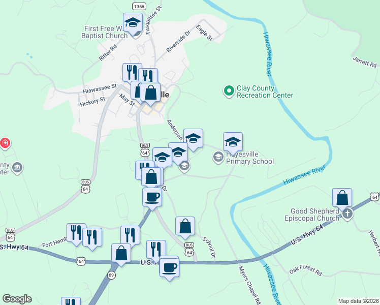 map of restaurants, bars, coffee shops, grocery stores, and more near 145 Elementary School Drive in Hayesville