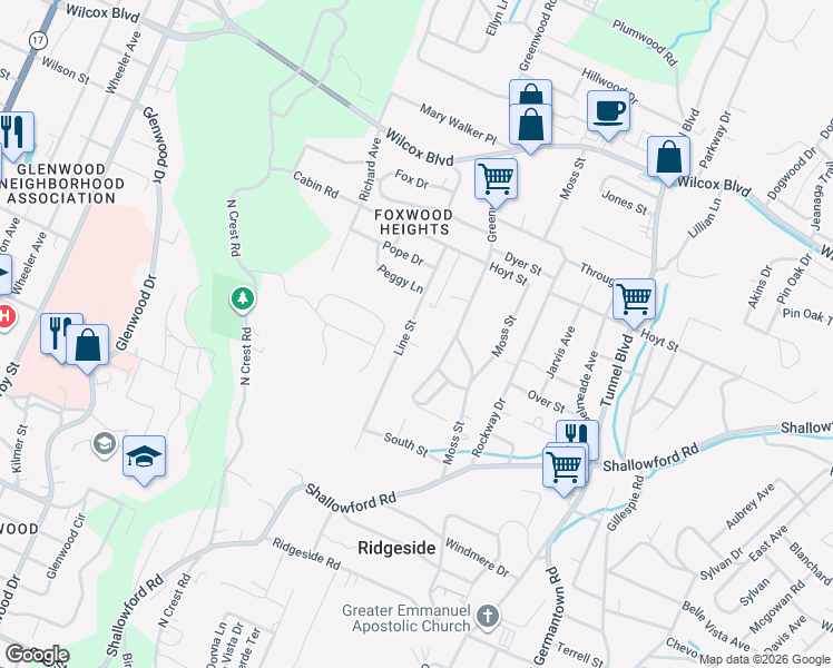 map of restaurants, bars, coffee shops, grocery stores, and more near 3206 Bon Air Circle in Chattanooga