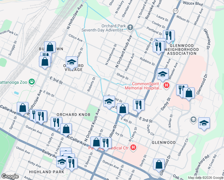 map of restaurants, bars, coffee shops, grocery stores, and more near 1913 Garfield Street in Chattanooga
