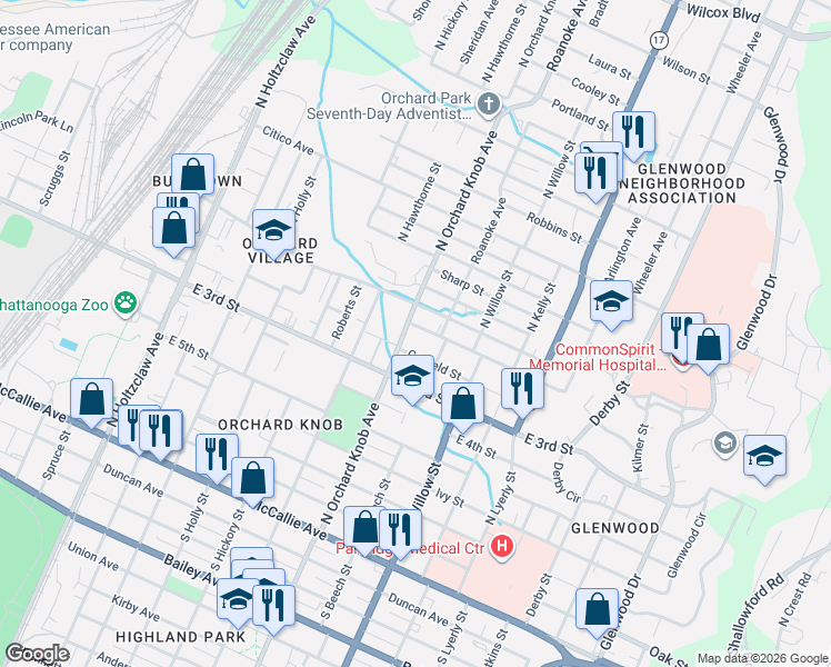 map of restaurants, bars, coffee shops, grocery stores, and more near 1913 Garfield Street in Chattanooga