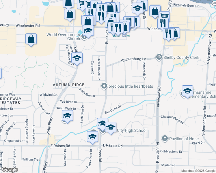 map of restaurants, bars, coffee shops, grocery stores, and more near 3925 Birchshade Cove in Memphis