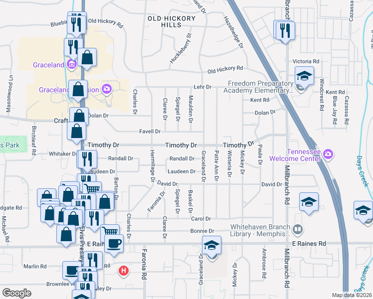map of restaurants, bars, coffee shops, grocery stores, and more near 1421 Randall Drive in Memphis