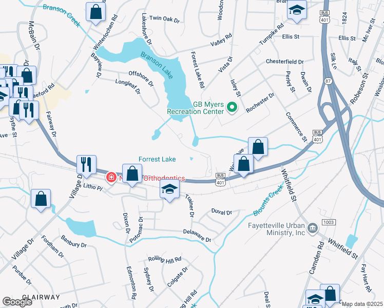 map of restaurants, bars, coffee shops, grocery stores, and more near 1312 Longleaf Drive in Fayetteville