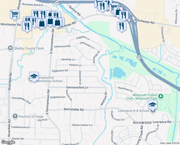map of restaurants, bars, coffee shops, grocery stores, and more near 7399 Eggleston Road in Memphis
