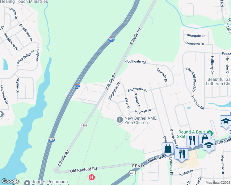 map of restaurants, bars, coffee shops, grocery stores, and more near 6874 Kingsgate Drive in Fayetteville