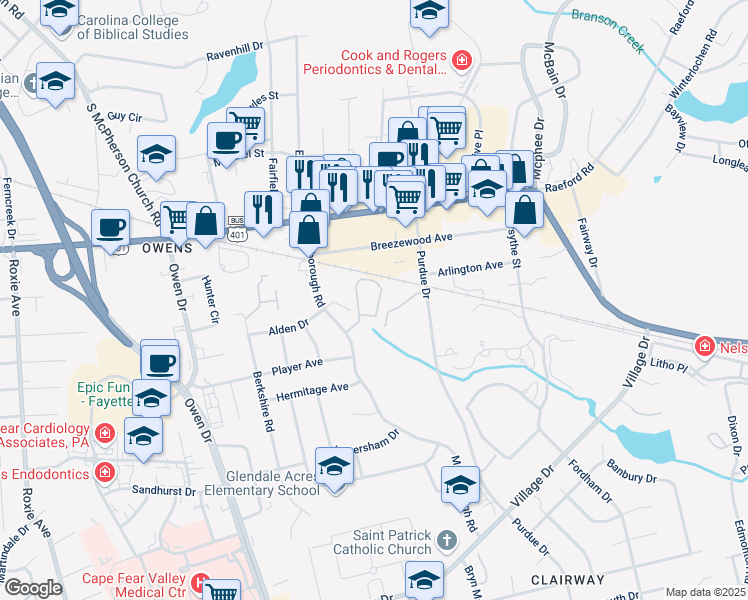 map of restaurants, bars, coffee shops, grocery stores, and more near 2705 Preston Woods Lane in Fayetteville
