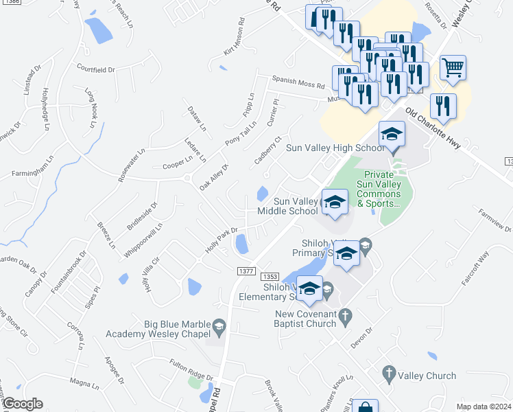 map of restaurants, bars, coffee shops, grocery stores, and more near 2118 Shumard Circle in Indian Trail