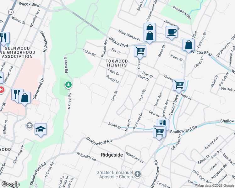 map of restaurants, bars, coffee shops, grocery stores, and more near 3206 Bon Air Circle in Chattanooga
