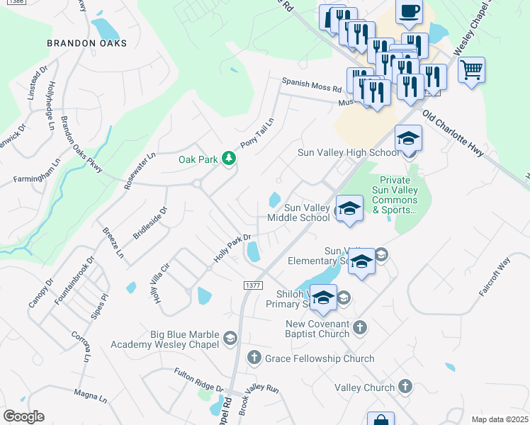 map of restaurants, bars, coffee shops, grocery stores, and more near 2122 Shumard Circle in Indian Trail
