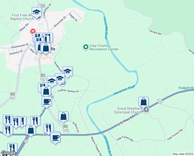 map of restaurants, bars, coffee shops, grocery stores, and more near 86 Valley Hideaway Drive in Hayesville