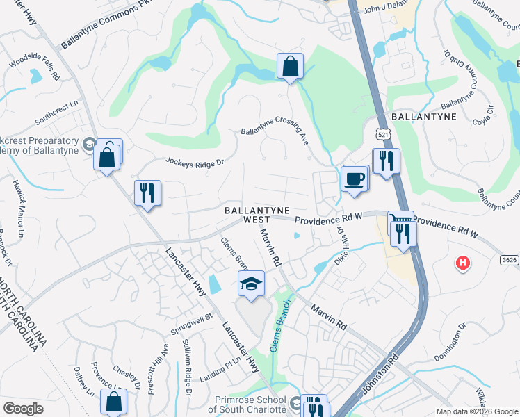 map of restaurants, bars, coffee shops, grocery stores, and more near 11545 Innes Court in Charlotte