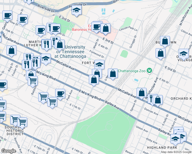 map of restaurants, bars, coffee shops, grocery stores, and more near 918 Oak Street in Chattanooga